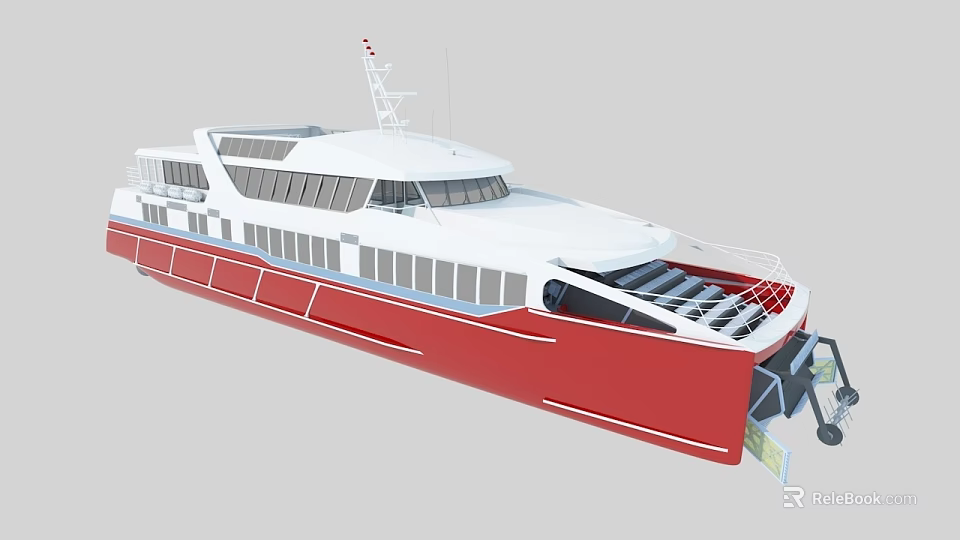 Red And White Catamaran Ferry With Spacious Deck And Large Windows 3d model