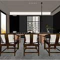 Modern Chinese Tea Room Interior With Dark Wooden Furniture Display Shelves And Green Plants