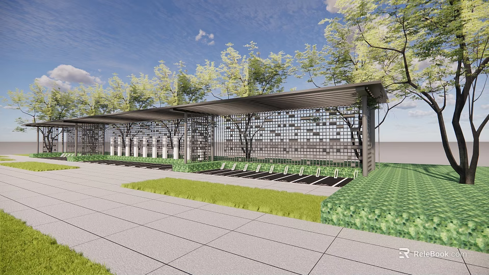 Modern Outdoor Shade Canopy Under Blue Sky With Perforated Structure Rest Seats 3d model