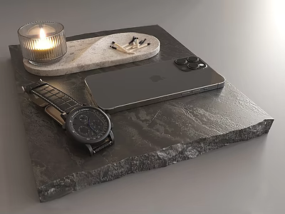 Black Apple Smartphone On Marble Tray With Watch Earphones And Candle 3d model
