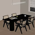 Elegant Dining Table Set with Four Wooden Chairs Woven Backrests Pendant Light Fruits and Cup