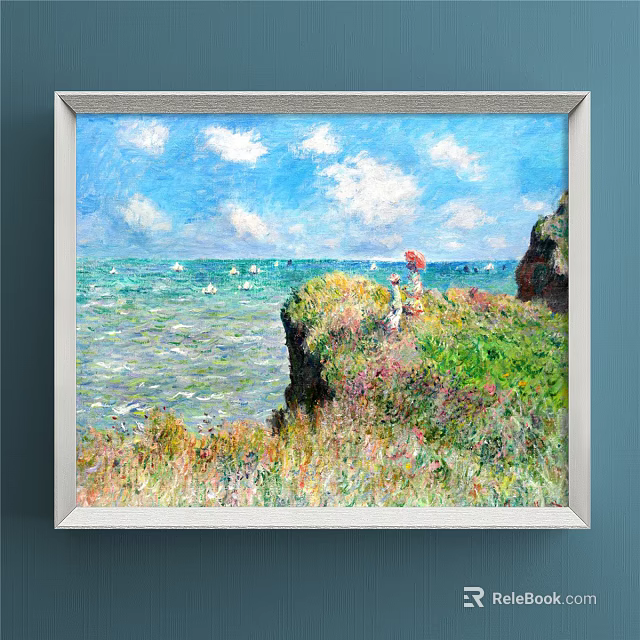 Oil Painting Of Coastal Landscape With Blue Sky White Clouds Green Cliff And Sailboats 3d model 