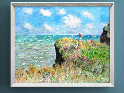 Oil Painting Of Coastal Landscape With Blue Sky White Clouds Green Cliff And Sailboats 3d model