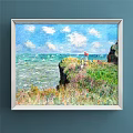 Oil Painting Of Coastal Landscape With Blue Sky White Clouds Green Cliff And Sailboats