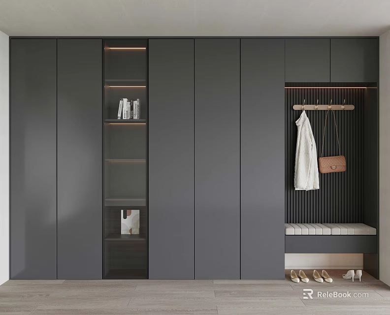 Modern Gray Shoe Cabinet Interior With Glass Shelves Clothing Rack And Bench 3d model 