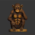 Wooden Monkey Statue Sitting With Hand On Chin And Muscular Torso On Base