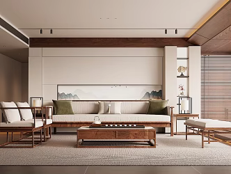 New Chinese Style Living Room Sofa Coffee Table Combination Green Plant Ornaments Table Lamp Background Wall 3d model