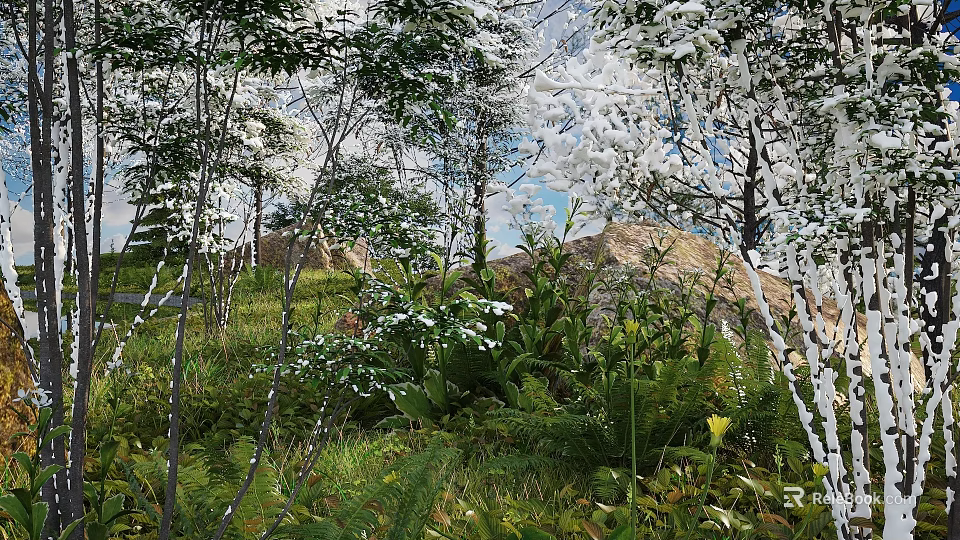 Natural Garden With White Flowers Lush Ferns Green Grass Rocks And Trees 3d model 