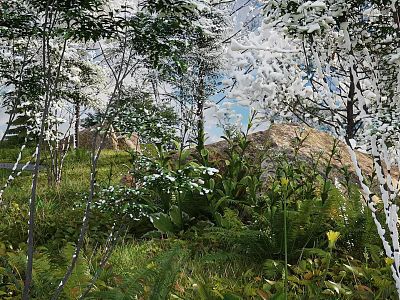 Natural Garden With White Flowers Lush Ferns Green Grass Rocks And Trees 3d model