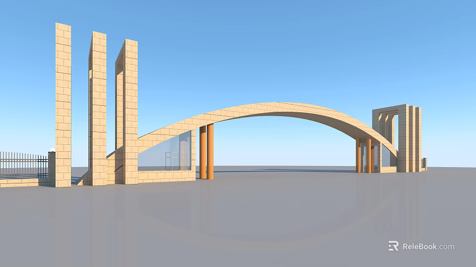 Modern Arched Entrance Gate With Stone Columns And Blue Sky 3d model 