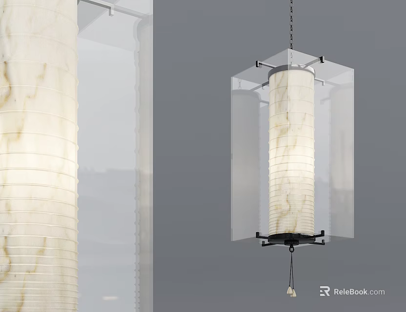 Minimalist Modern Chandelier With Textured Paper Shade And Square Frame 3d model 