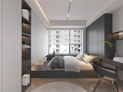 Modern Tatami Bedroom Interior With Built in Storage Cabinets And Study Desk 3d model