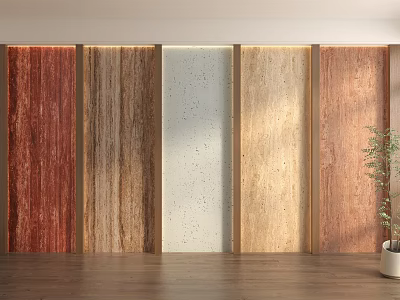 Different Floor Tiles with Wood Stone Textures in Red Beige White Tones on Display Wall 3d model