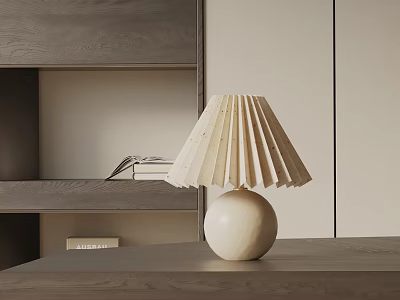 Minimalist Modern Table Lamp With Pleated Lampshade On Wooden Tabletop 3d model