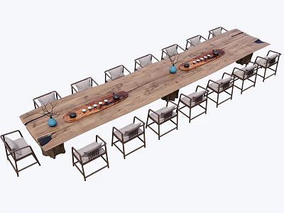 Rustic Wooden Tea Table With Metal Frame Chairs And Tea Accessories Setup 3d model