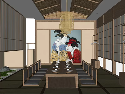 Japanese Style Private Dining Room Interior With Ukiyo e Painting Long Table And Tableware 3d model