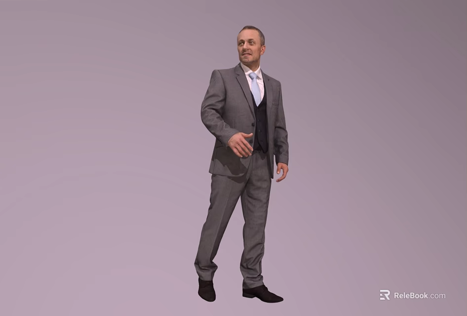 A Man Standing in Gray Suit with White Shirt and Black Vest on Gray Background 3d model 
