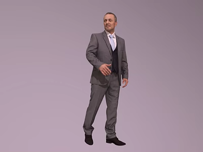 A Man Standing in Gray Suit with White Shirt and Black Vest on Gray Background 3d model