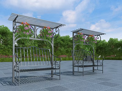 Outdoor Pergola With Bench And Hanging Purple Flowers Surrounded By Green Trees 3d model