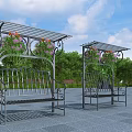 Outdoor Pergola With Bench And Hanging Purple Flowers Surrounded By Green Trees