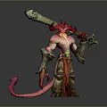 Fantasy Game Movie Character Featuring Red Horns Pink Body Large Sword Orange Cloak And Tail