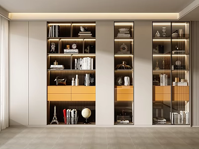 Elegant Modern Bookcase Design With Shelves Decorative Items Lighting And Glass Doors 3d model