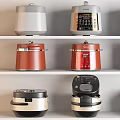 Different Colored Kitchen Appliances Displayed On White Shelves With Various Styles