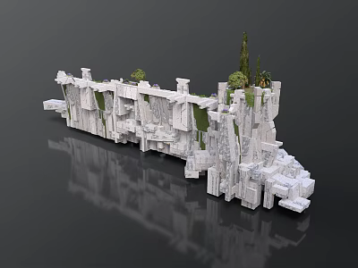 3D Scenic Construction Model Featuring White Structural Components And Green Plants 3d model