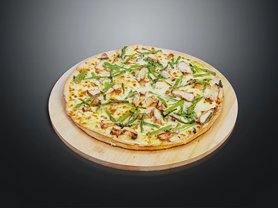 Delicious Pizza Topped With Grilled Chicken Fresh Green Vegetables And Melted Cheese On Wooden Board 3d model