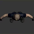 Man In Blue T-shirt With Backpack Tactical Belt Black Pants Wrist Guards On Gray Background