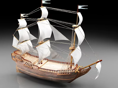 Vintage Sailboat Model With Multiple White Sails And Wooden Hull 3d model