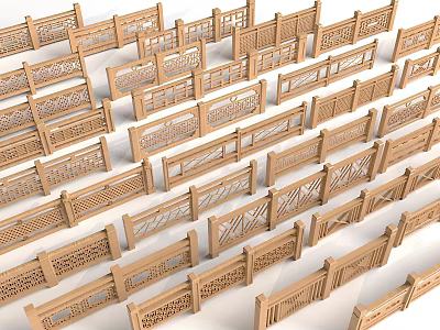 Wooden Railings With Various Carved Patterns Neatly Arranged For Decorative Applications 3d model
