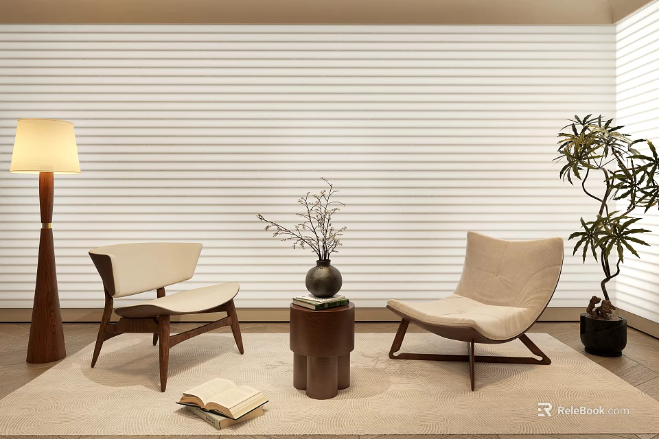 Stylish Accent Lounge Chairs With Side Table Vase Floor Lamp And Striped Wall In Room 3d model 