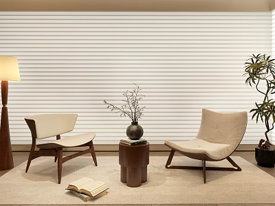 Stylish Accent Lounge Chairs With Side Table Vase Floor Lamp And Striped Wall In Room 3d model