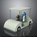 White Golf Cart With Canopy Carrying Cartoon Bear And Penguin Characters