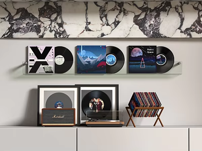 Vinyl Records Display With Framed Pictures Speaker And Wooden Record Rack On Marble Wall 3d model