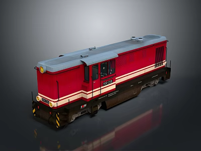 Red Train Locomotive With White Stripes Headlights And Windows Design 3d model