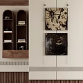 Abstract Paintings In Modern Interior With Wooden Bookshelves And Decorative Cabinets