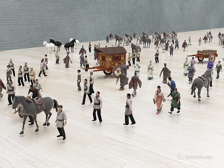 Game and Movie Characters In Ancient Street Scene With Horses And Horse Drawn Carriage 3d model 