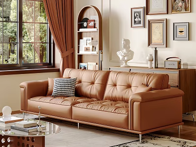 Brown Leather Multi Seater Sofa In Living Room With Glass Coffee Table Bookshelf And Decorative Paintings 3d model