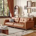 Brown Leather Multi Seater Sofa In Living Room With Glass Coffee Table Bookshelf And Decorative Paintings