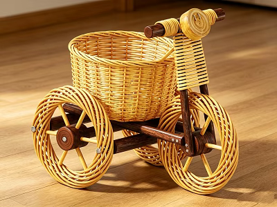 Wicker Children's Toy Tricycle With Wooden Handles And Spoked Wheels On Wooden Floor 3d model