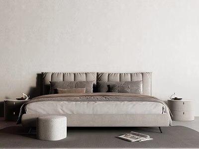 Double Bed With Upholstered Gray Headboard Gray Bedding Two Nightstands Round Ottoman Magazines On Carpet 3d model
