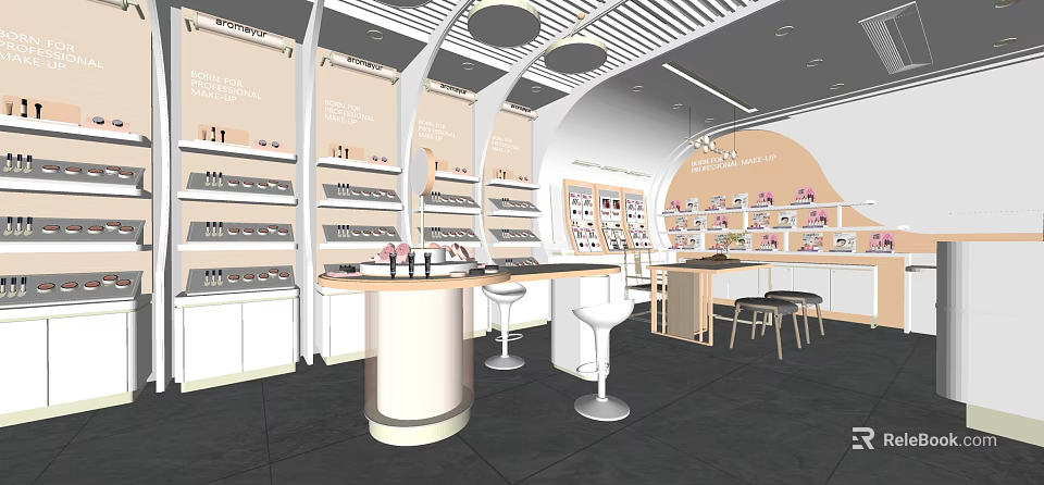 Modern Cosmetics Store Interior With Product Shelves Display Counters And Bar Stools 3d model