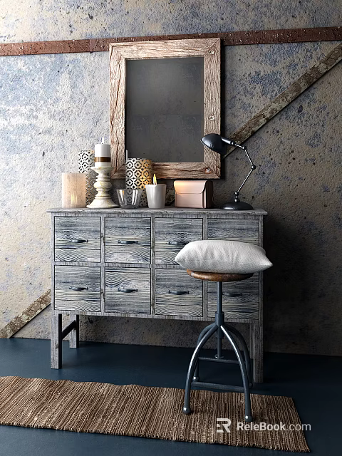 Vintage Wooden Dresser with Mirror Table Lamp and Pillow on Stool Against Rustic Wall 3d model 