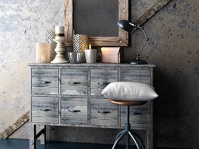 Vintage Wooden Dresser with Mirror Table Lamp and Pillow on Stool Against Rustic Wall 3d model