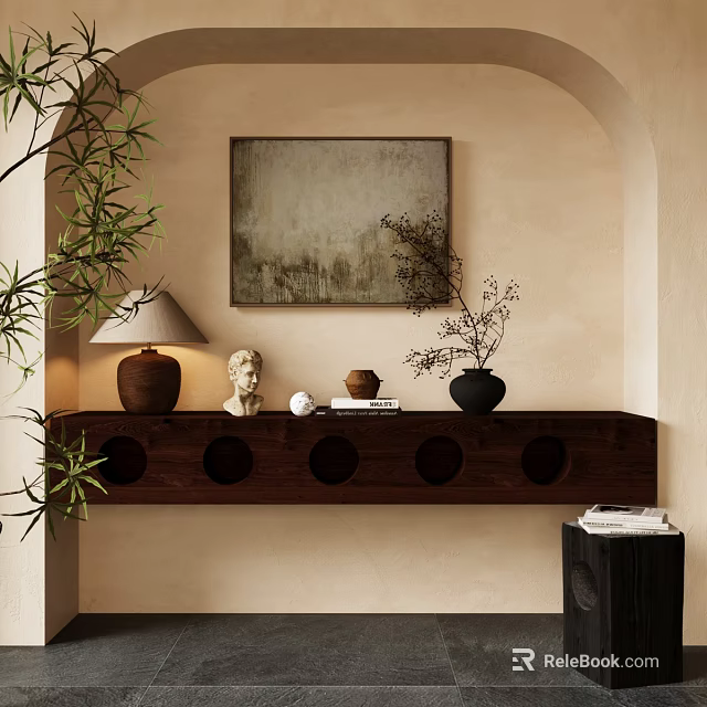 Modern Natural Entryway Console Table With Circular Cutouts Table Lamp Sculpture Green Plants Wall Painting 3d model 