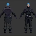3D Character Design With Blue Hair Armor Costume Back And Front View Details