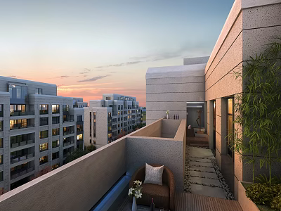 Modern Home Balcony With Cozy Outdoor Chair Wooden Deck Bamboo Plants And Sunset View 3d model