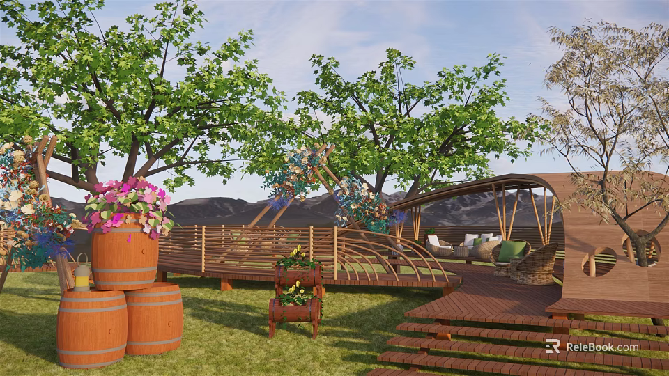Park Landscape With Green Trees Pink Flowers Wooden Bridge Steps And Grassy Lawn 3d model 